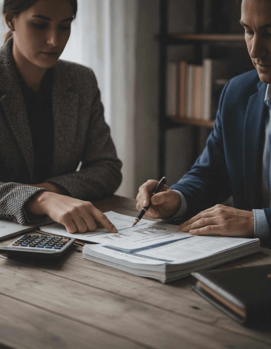 Contadora y empresario revisan estados contables en un escritorio