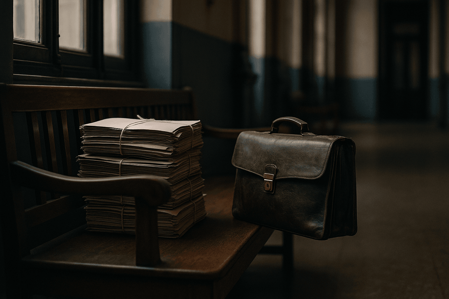 Expedientes atados y un portafolios de cuero en el pasillo de un tribunal
