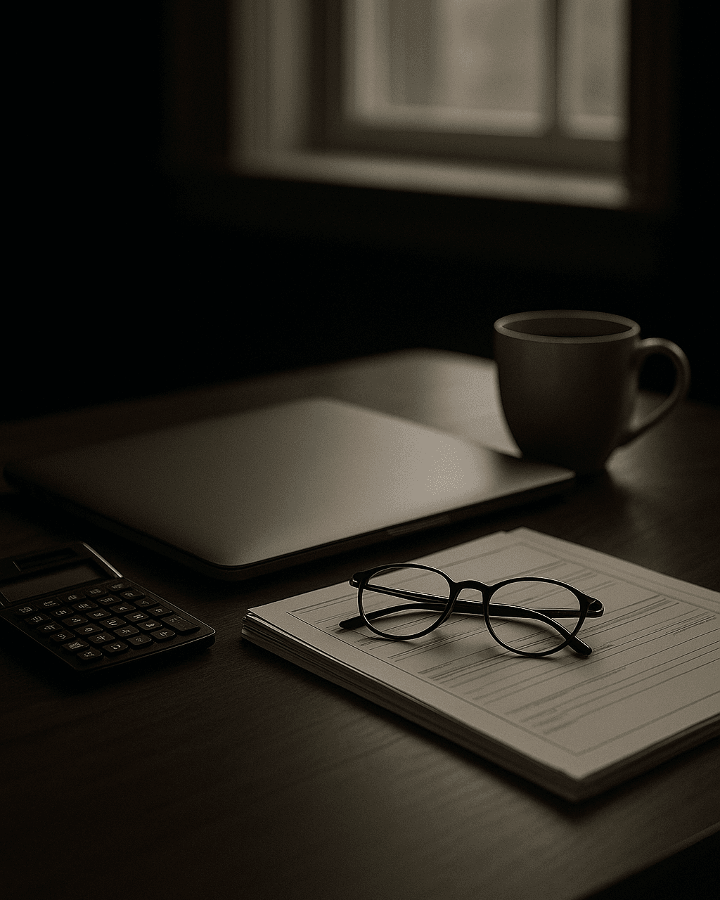 Escritorio con una calculadora, una notebook cerrada y formularios bajo la luz de una ventana