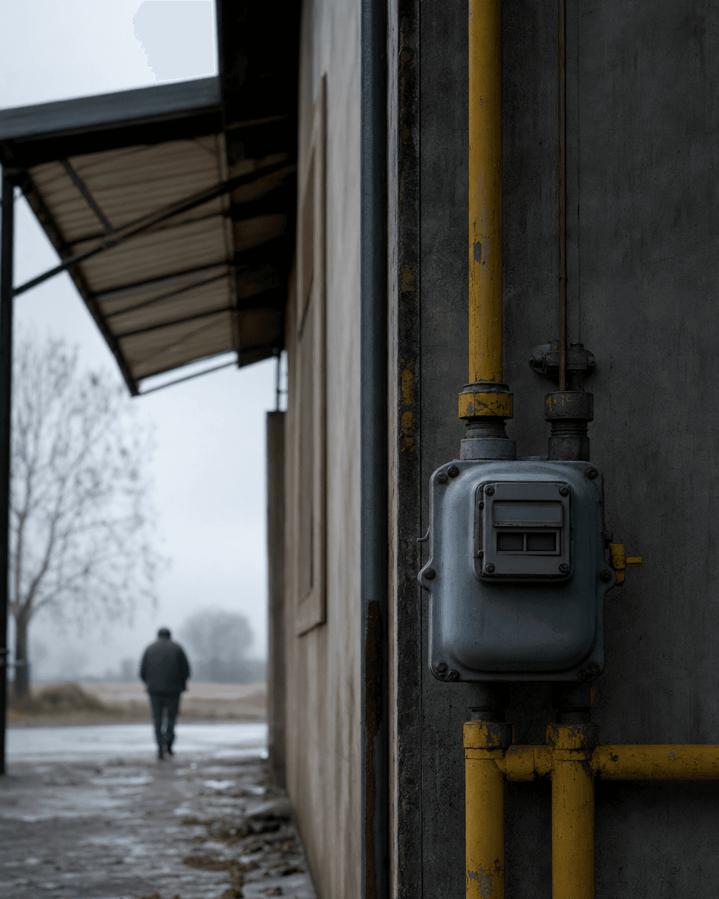 Medidor de gas y caños amarillos en la pared de un galpón, en una mañana fría de invierno